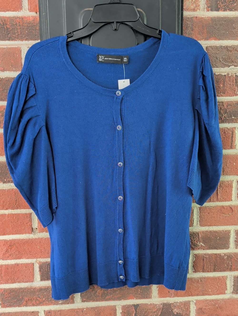 New York & Company Royal Blue Puff-Sleeve Button Cardigan Size XXL